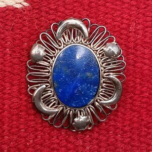 Art Deco 925 Sterling Silver Lapis Lazuli Brooch Pendant Brooch w/Moon & Stars